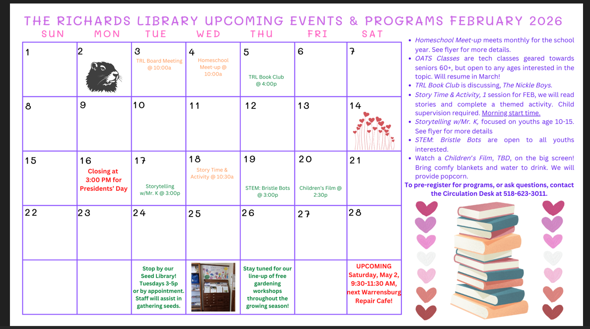 RICHARDS LIBRARY FEBRUARY CALENDAR 2026